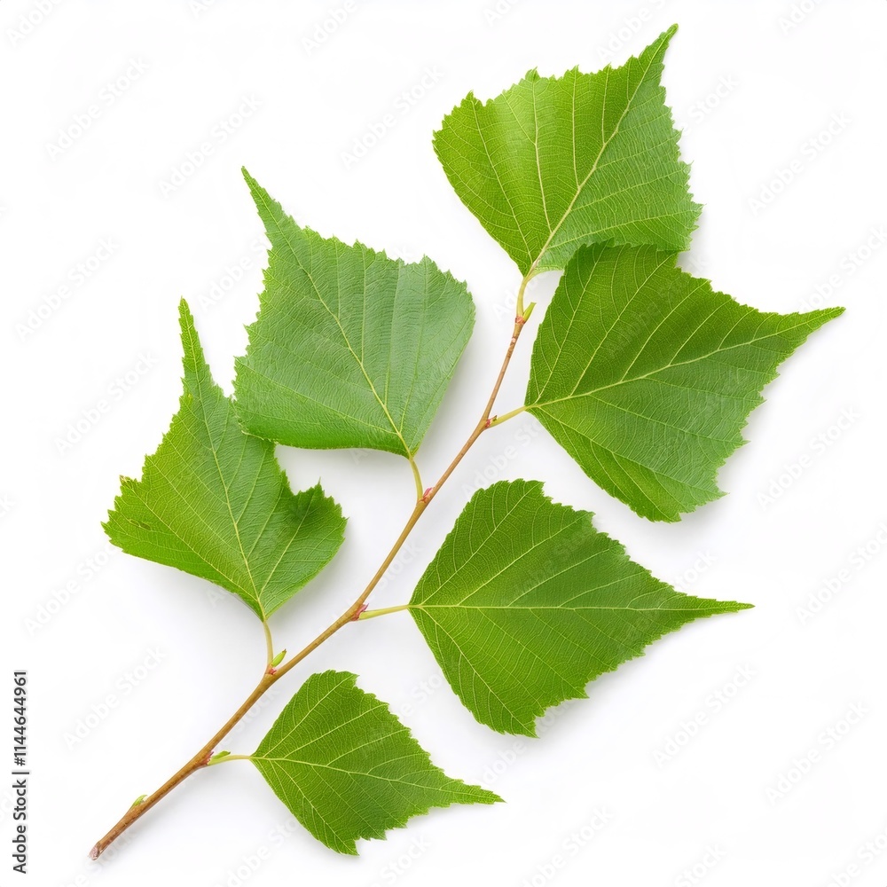 Green serrated leaves of Japanese zelkova branch resting elegantly on pristine white surface, captured in professional studio lighting Green serrated leaves of Japanese zelkova branch resting elegantly on pristine white surface, captured in professional studio lighting