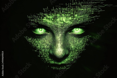 The glowing face of an enigmatic futuristic cyborg stares intensely with alien like green eyes creating a captivating and ominous digital portrait photo