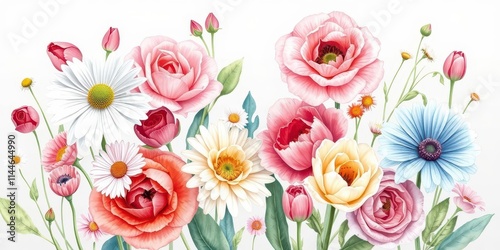 Soft and delicate watercolor illustration of various flowers including roses, tulips, and daisies, colorful, roses, daisies