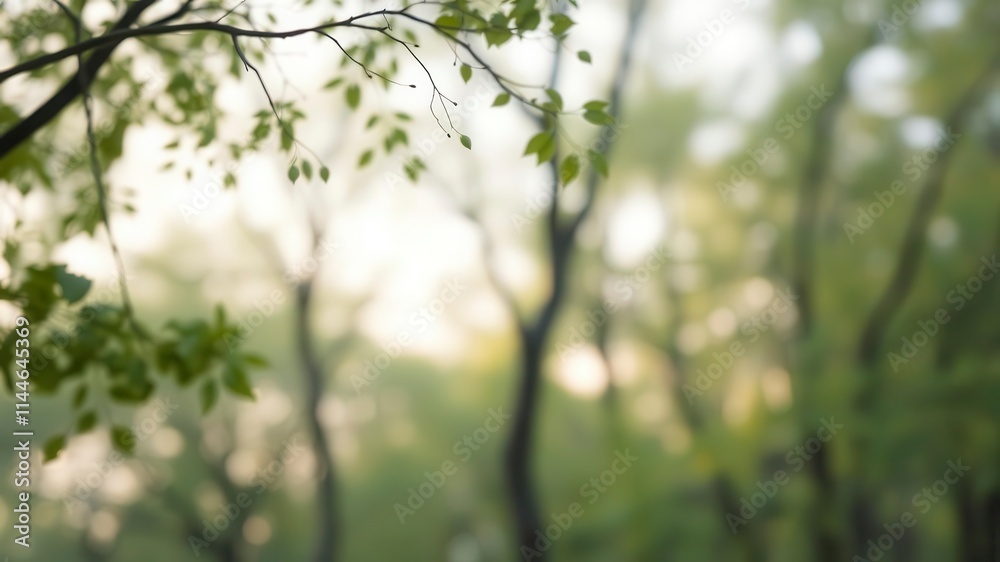 Fototapeta premium Soft and gentle light shining through trees creating a ethereal and serene blurred background, trees, light