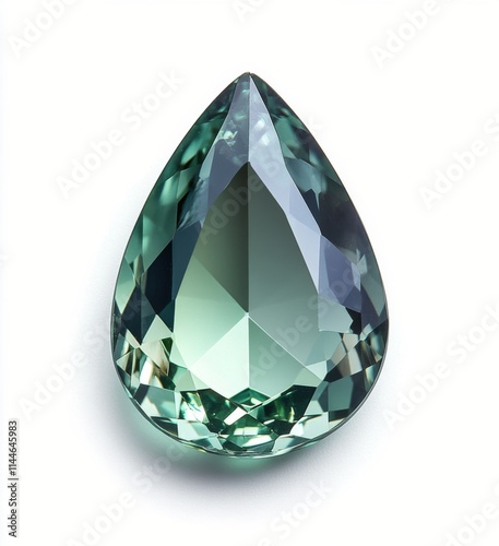 Sparkling teal gemstone in a tear drop shape illuminated by soft light showin...