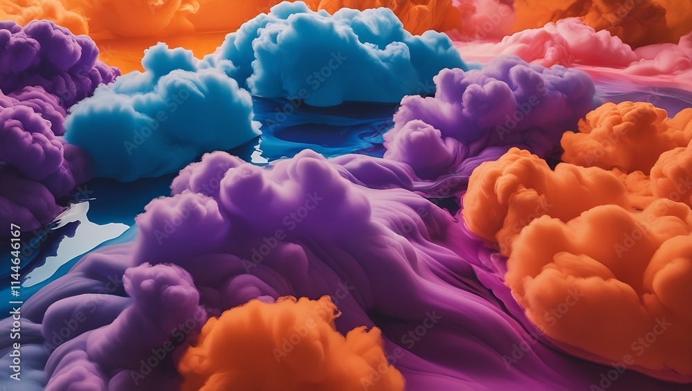 Fototapeta premium Abstract image of swirling ink clouds in water, blending vibrant orange, purple, and blue hues into a fluid, mesmerizing, and harmonious pattern with depth and motion.
