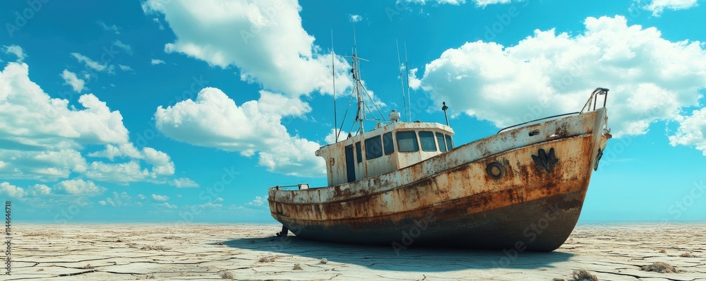 Fototapeta premium Personal Inspiration perspective concept. Rusty boat stranded on a sandy shore under a blue sky with clouds.