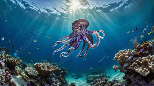 A fascinating octopus gracefully moving through the clear blue ocean photo