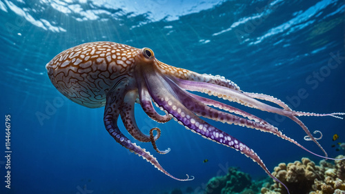 A fascinating octopus gracefully moving through the clear blue ocean
