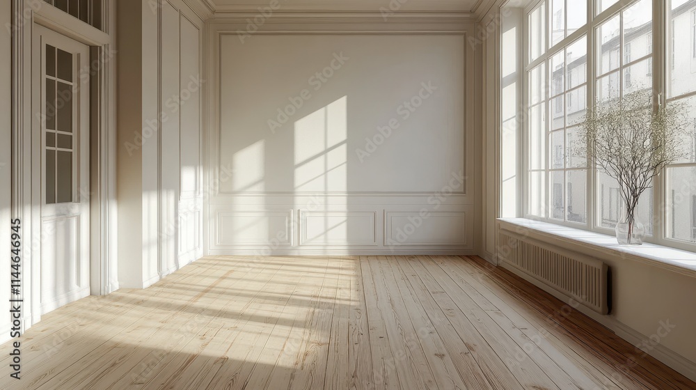 An empty room with a light wooden floor and white wall, no furniture or decor elements present, a large window on the right side allows for natural lighting, a subtle plant in a vase near the corner. An empty room with a light wooden floor and white wall, no furniture or decor elements present, a large window on the right side allows for natural lighting, a subtle plant in a vase near the corner.