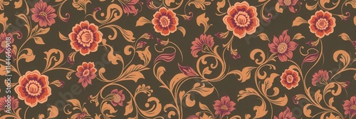 Swirly floral retro wallpaper with vibrant pastel colors and intricate designs, 70s, background