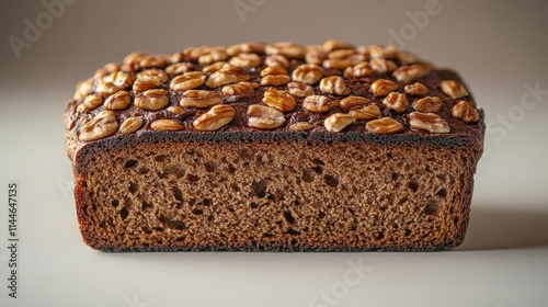 Freshly Baked Loaf of Dark Bread Garnished with Crunchy Nuts on Top Set Against a Minimalistic Background for Culinary and Food Photography photo