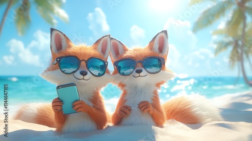 Wallpaper Mural Two foxes holding a phone taking a selfie on a sunny beach with sunglasses Torontodigital.ca