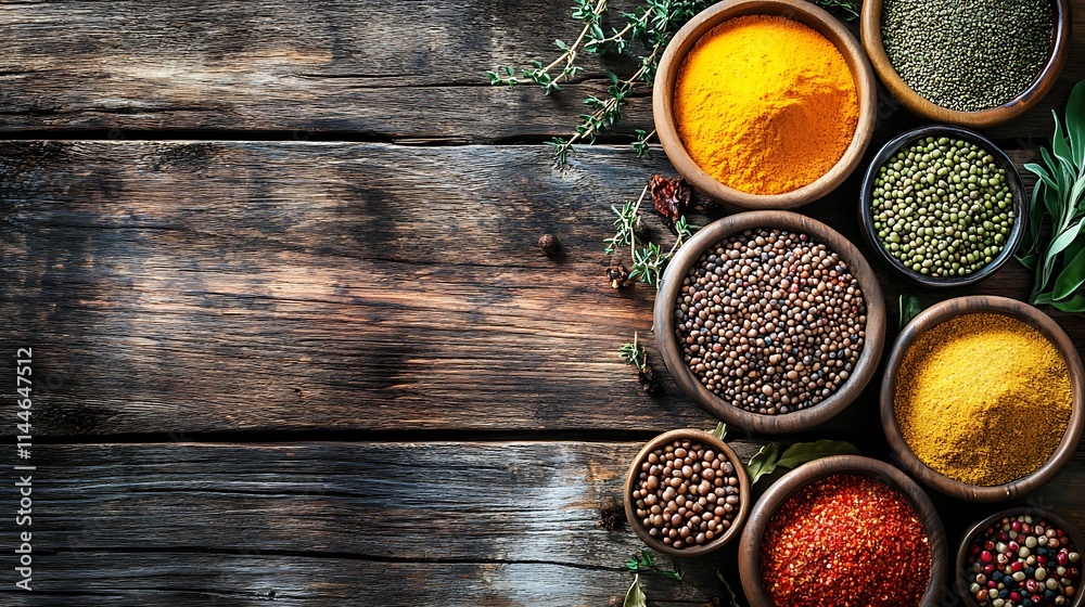 Spices vividly arranged in wooden bowls on dark planks wide photo.. AI Generated Spices vividly arranged in wooden bowls on dark planks wide photo.. AI Generated
