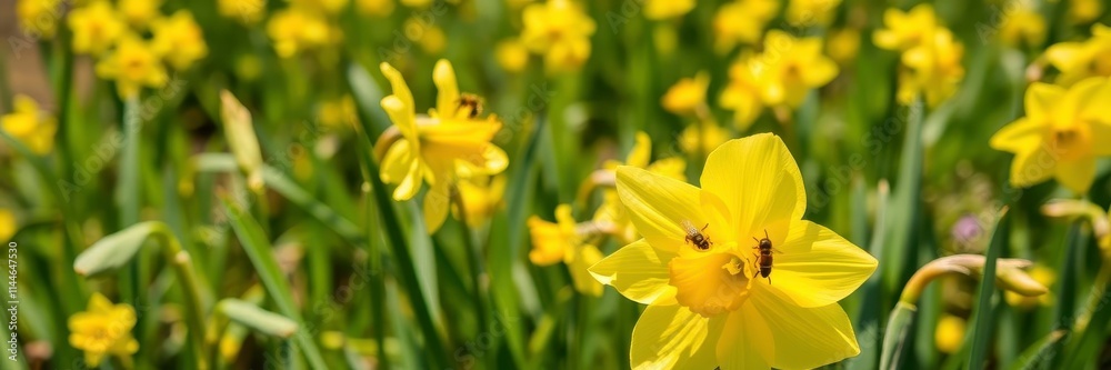 Vibrant daffodil flowers blooming in a sunlit field with bees buzzing around, bees, blooming Vibrant daffodil flowers blooming in a sunlit field with bees buzzing around, bees, blooming