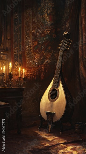 Elegant musical instrument display cozy candlelit room still life art warm atmosphere artistic perspective cultural heritage photo