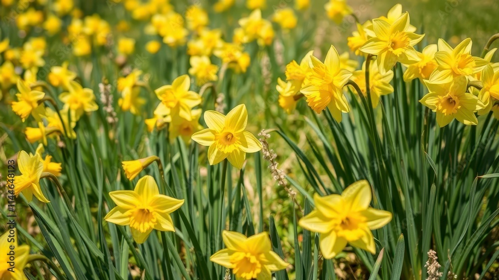 Vibrant yellow daffodil flowers blooming in a vast field under the bright sun, flowers, vibrant, daffodils Vibrant yellow daffodil flowers blooming in a vast field under the bright sun, flowers, vibrant, daffodils