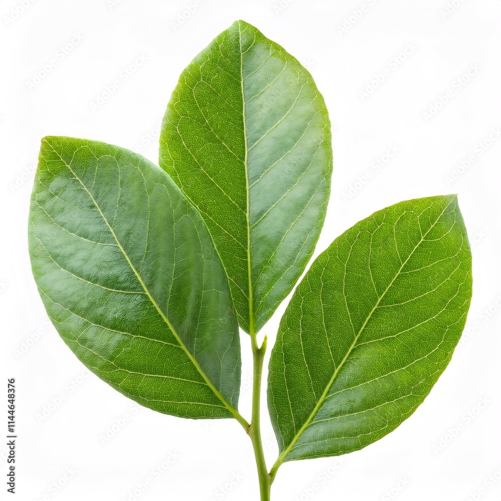 Obraz premium Green osage orange leaves isolated, displaying delicate veining against pristine white backdrop, capturing natural botanical elegance