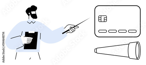 Businessman holding clipboard and pointing with stick at a credit card and telescope. Ideal for finance presentations, business strategy, investment planning, future vision, research, education