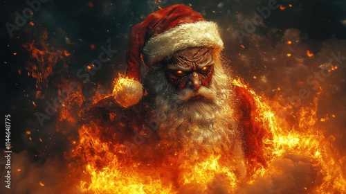 Generative AI image of horror-themed Santa Claus beyond burning fmale portraying a terrifying Christmas character photo