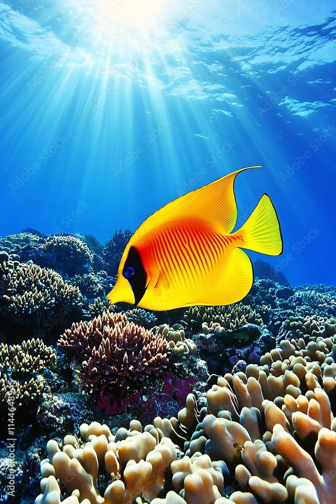 Fototapeta premium Vibrant Coral Reef Teeming with Exotic Marine Life in Sunlit Underwater Scene