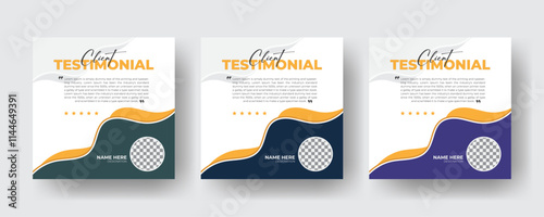 Creative and abstract modern shapes Client testimonial Square banner design, unique layout 3 color variation
