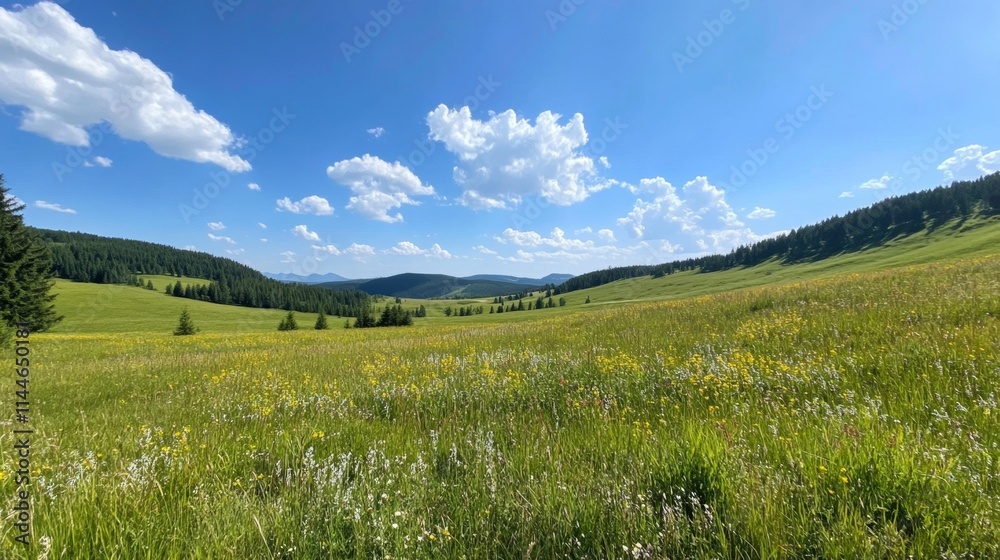 A Breathtaking Meadow Landscape Under a Sunny Sky A Breathtaking Meadow Landscape Under a Sunny Sky
