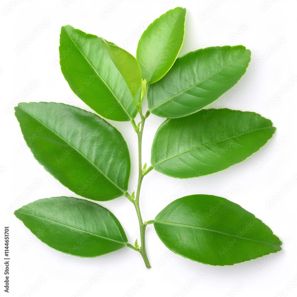 Fototapeta premium Green lime branch extending multiple heart shaped leaves, showcasing natural freshness against pristine white background