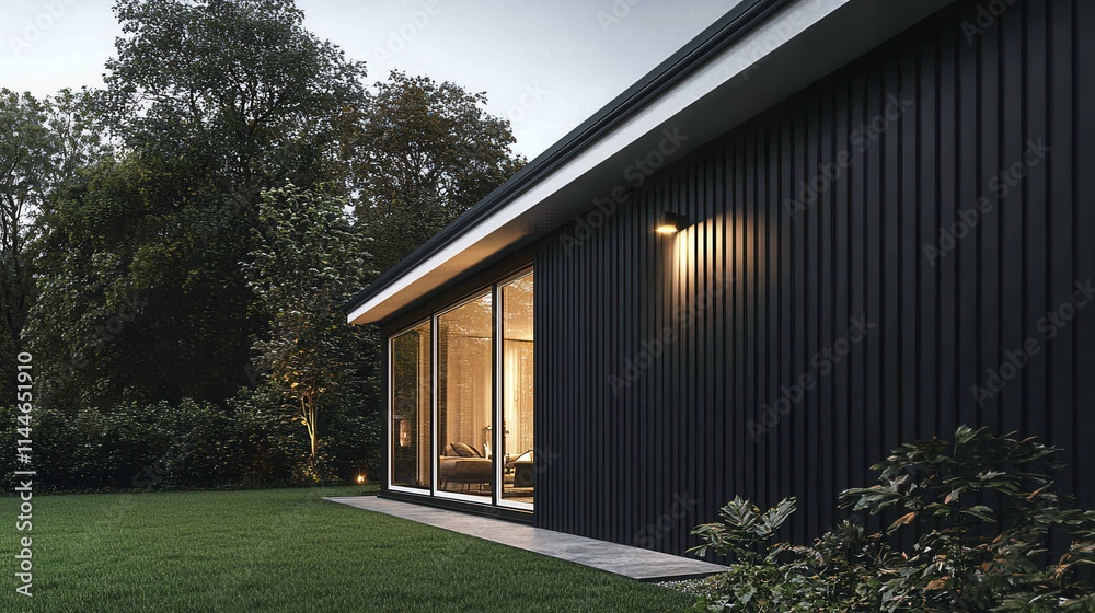 Modern black-painted house with white accents residential area architectural design serene environment side view contemporary aesthetic Modern black-painted house with white accents residential area architectural design serene environment side view contemporary aesthetic