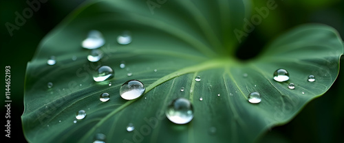 Serene morning dew kisses a vibrant green leaf, reflecting light beautifully.  Nature's gentle artistry. photo