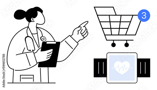 Doctor holding a clipboard and pointing towards a smartwatch and shopping cart with notification badge. Ideal for healthcare, telemedicine, e-commerce, digital health, wellness, consumer technology