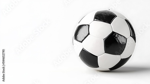 A soccer ball in a stationary position on a bright white background, displaying classic black-and-white panel design 