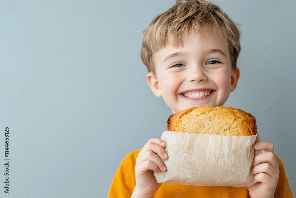 Joyful kid holding small loaf of bread, smiling brightly with happiness Joyful kid holding small loaf of bread, smiling brightly with happiness