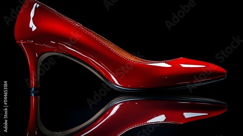 A red high heel shoe is shown in a black background