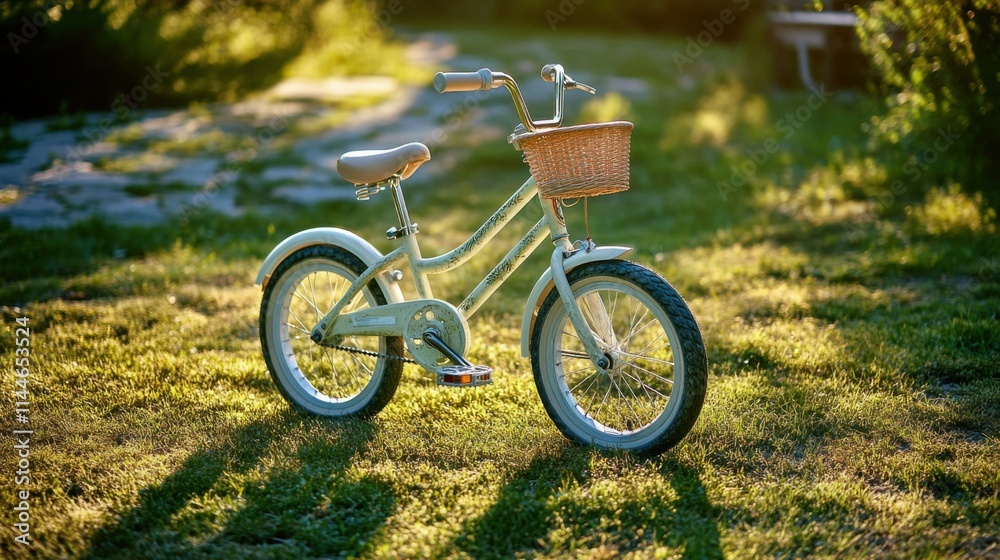 A children's bicycle with a basket standing on a green lawn in the sun
