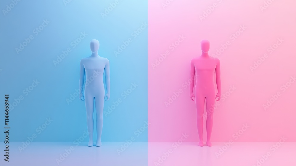 Two stylized mannequins stand against contrasting blue and pink backgrounds, symbolizing duality and diversity in color and form.