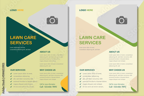 Lawn Mower Garden or Landscaping Service Flyer Template. Business Flyer poster pamphlet brochure cover design layout background, A4 size leaflet, grass, equipment, gardener