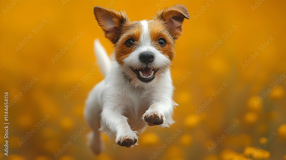 A small dog is jumping in the air with its mouth open A small dog is jumping in the air with its mouth open