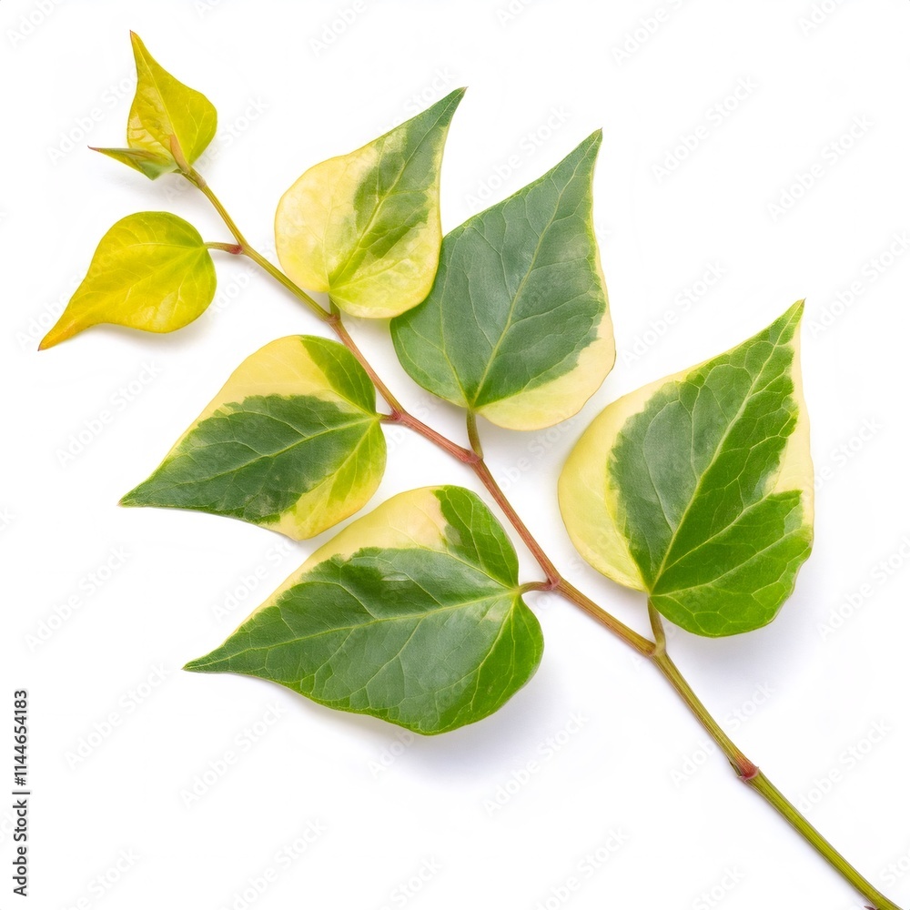 Obraz premium Variegated wintercreeper leaves spreading green and yellow patterns against pristine white surface, highlighting botanical detail