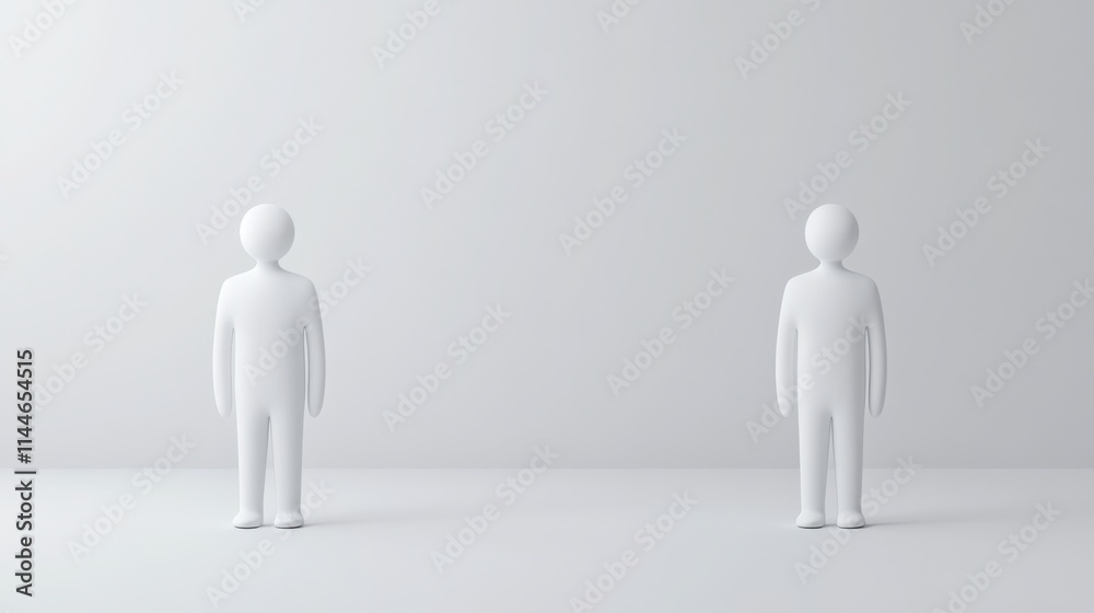 Two minimalist figures stand apart in a bright, empty space, symbolizing isolation or distance. Two minimalist figures stand apart in a bright, empty space, symbolizing isolation or distance.