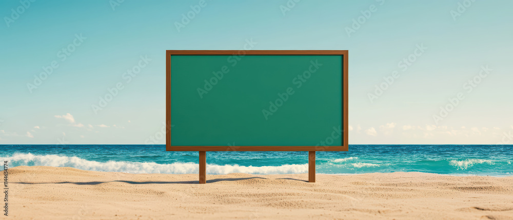 Fototapeta premium Blank advertising billboard stands on sandy beach, with ocean waves in background, inviting creativity and inspiration