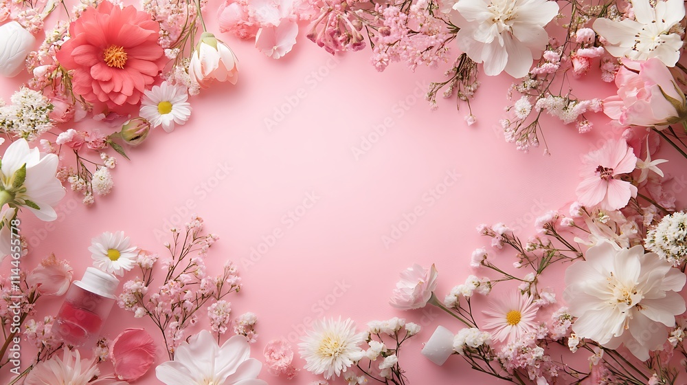 Fototapeta premium Floral mockup softly frames pink background photo. AI Generated