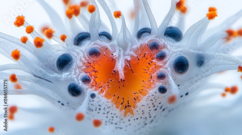 Delicate white flower with orange stamens and black anthers. photo