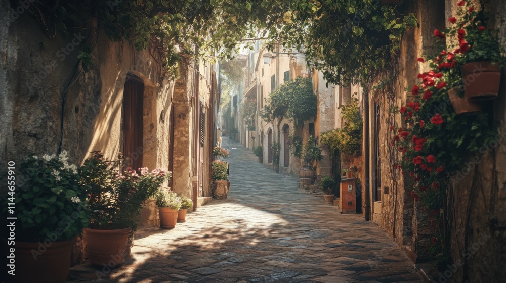 Fototapeta premium Atmospheric alley in a Mediterranean town with a stunning play of light and shadow, perfect for capturing the essence of travel and tourism in a picturesque setting