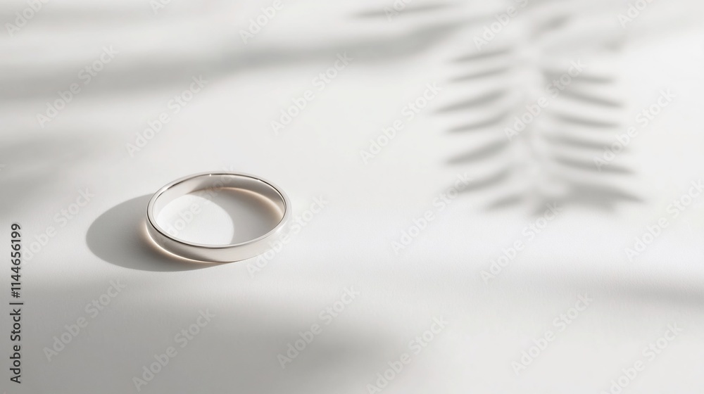 Elegant Silver Wedding Ring on Minimalist White Background with Soft Shadows Elegant Silver Wedding Ring on Minimalist White Background with Soft Shadows