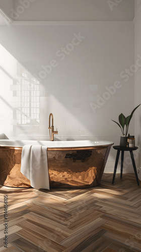 Baignoire en cuivre martelé avec serviette blanche et carrelage mural blanc dans une salle de bain élégante. photo