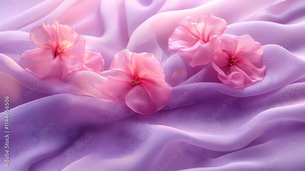 A close up of three pink flowers on a purple background A close up of three pink flowers on a purple background