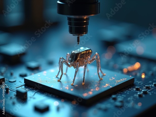 Highly detailed closeup reveals a single nanorobot delicately positioned on a circuit board during advanced tech research