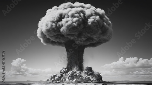 Monotone Image of a Nuclear Explosion: Atomic Cloud Rising Over a Desolate Landscape. AI Generated photo