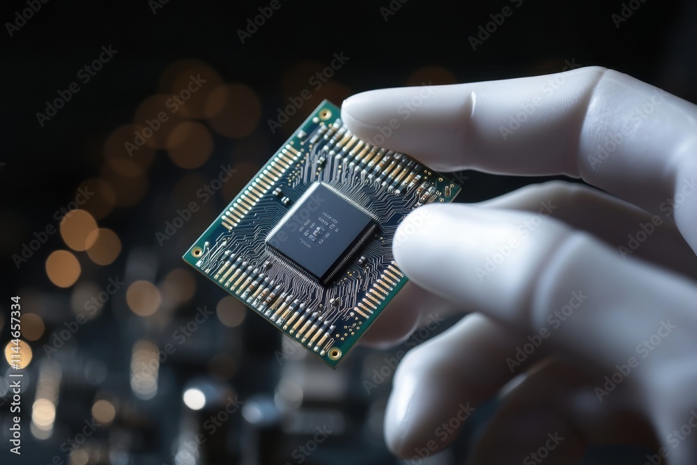 Close-up of a person holding a computer chip in a laboratory with blurred lights in the background Close-up of a person holding a computer chip in a laboratory with blurred lights in the background