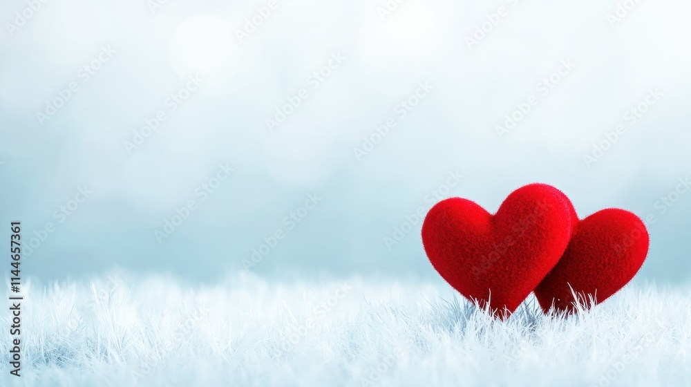 Fototapeta premium Two red hearts sit closely together on a soft, white surface, symbolizing love and affection in a serene, minimalistic setting.