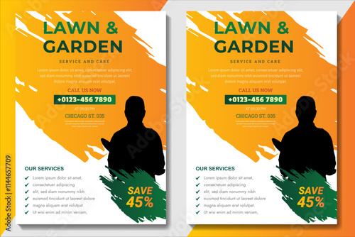 Lawn Mower Garden or Landscaping Service Flyer Template. Business Flyer poster pamphlet brochure cover design layout background, A4 size leaflet, grass, equipment, gardener