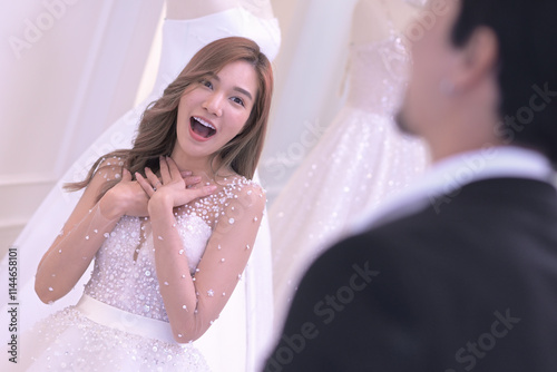 Young asian bridal surprise with big smile