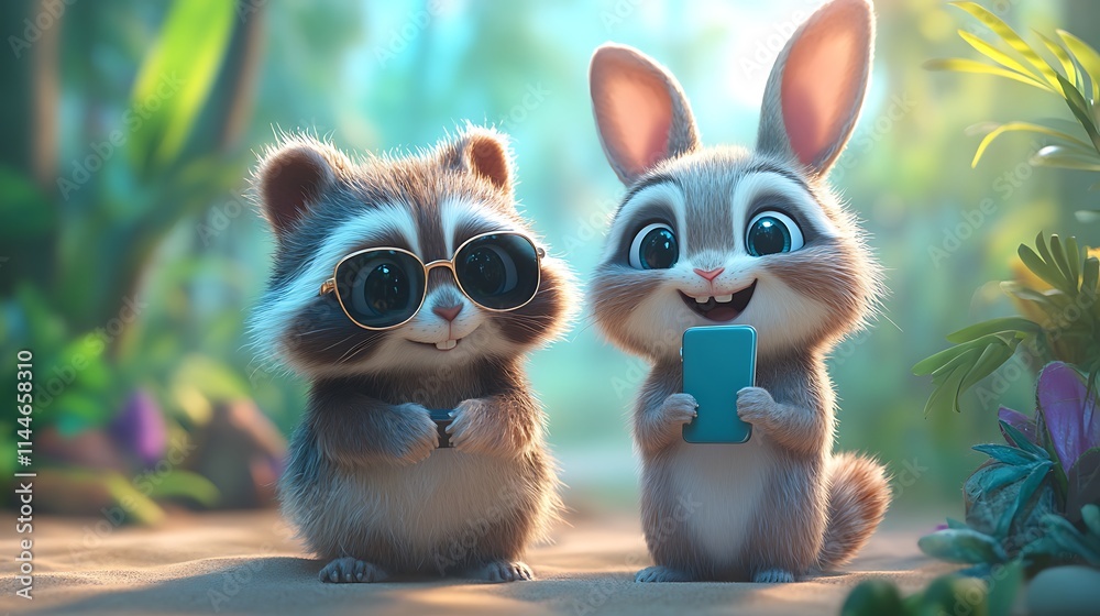 Fototapeta premium A raccoon and a rabbit wearing sunglasses holding a phone for selfies on a sunny tropical beach